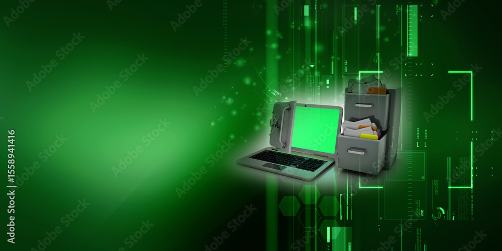 Poster 3d rendering folder on laptop with locker