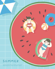 Hand drawn summer illustration with watermelon and people swimming.
