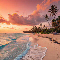 "Sunset Beach with Palm Trees and Gentle Waves"

