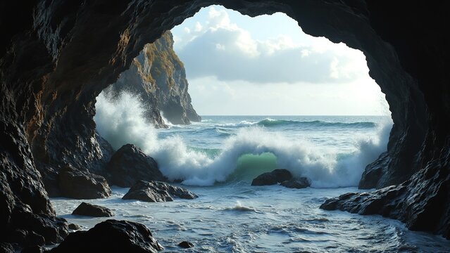 Dramatic ocean waves crashing into rock cave with sea view, creating a rugged coastal scene