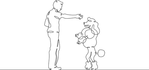 Continuous one line drawing trained dog. Animal trainer. Circus artist with a dog. Circus. One continuous line isolated minimal illustration.Not AI.