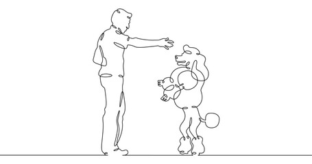 Continuous one line drawing trained dog. Animal trainer. Circus artist with a dog. Circus. One continuous line isolated minimal illustration.Not AI.