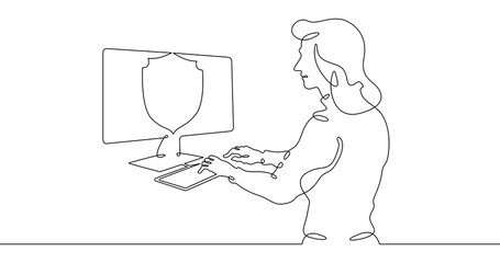 Continuous one line drawing programmer at the computer. Information protection. Network security. Shield. One continuous line isolated minimal illustration.Not AI.