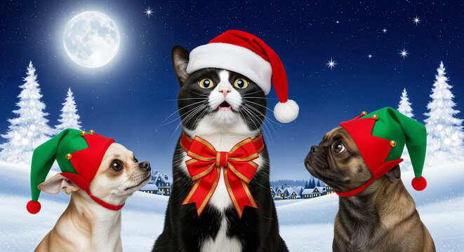 A Cat and Two Dogs Wearing Christmas Hats in a Winter Landscape Under a Full Moon.