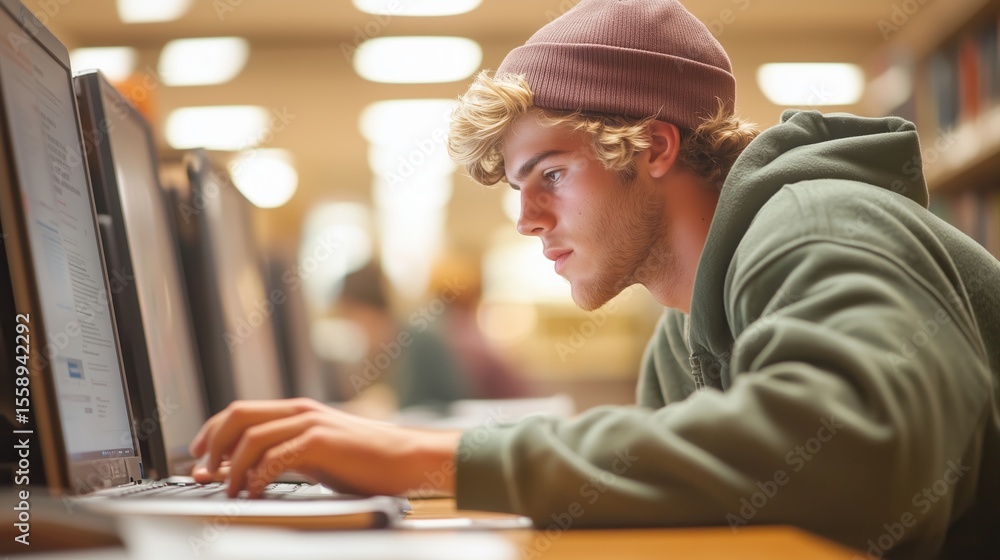 Poster student working diligently on a computer in a busy library during the afternoon hours