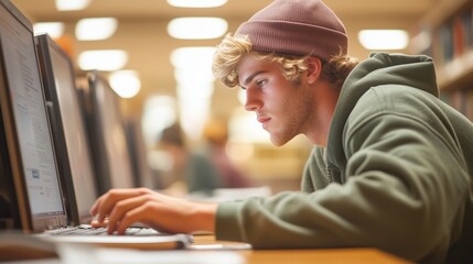 Student working diligently on a computer in a busy library during the afternoon hours