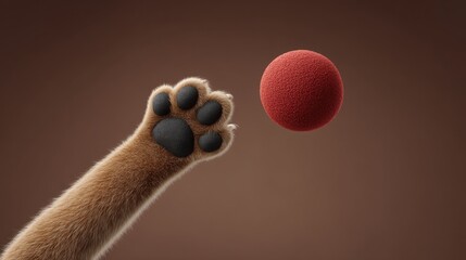 Brown furry cat paw extended reaching towards textured red ball floating isolated on plain brown background with soft lighting close up detailed view