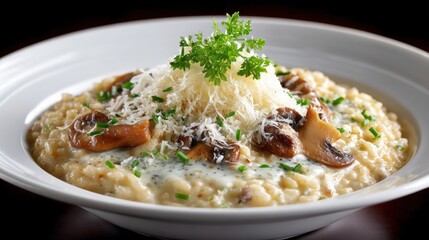 Creamy mushroom risotto garnished with fresh herbs and grated cheese served in a white bowl on a dark surface close-up gourmet Italian dinner plate