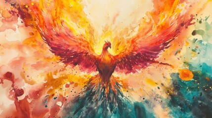 Phoenix Rising: A majestic phoenix, bathed in vibrant hues of orange, red, and gold, rises from ashes, its wings spread wide in a breathtaking display of rebirth and renewal. 
