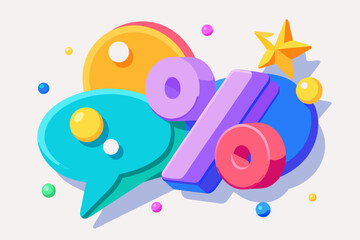 Colorful 3D Percentage Sign with Speech Bubbles and Stars for Discount Promotion