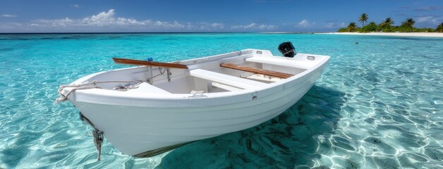 Small boat gently floating in clear turquoise water near shore under a bright blue sky evokes calmness and relaxation