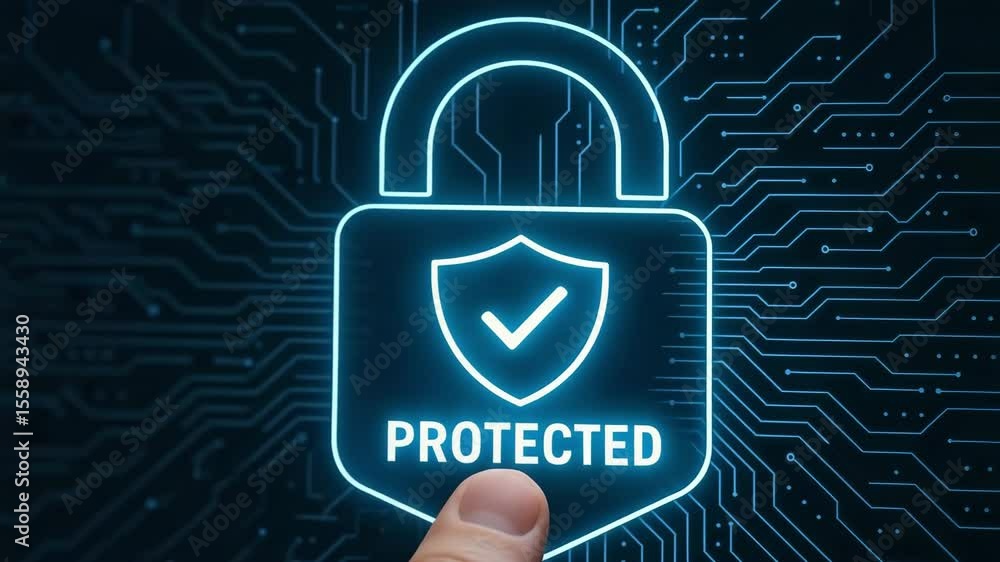 Poster cyber security protection concept digital padlock with shield for data privacy and network safety