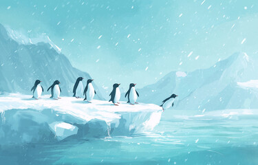 Fototapeta premium A group of penguins is seen jumping off an ice floe in the north Ocean, lake, water, landscape,