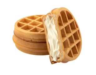 sweet cream sandwich waffle with one half bitten on isolated background

