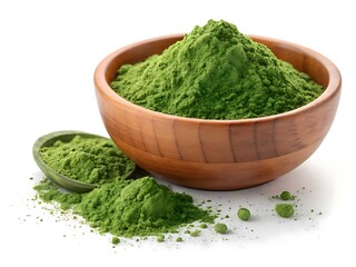 Green powder in a wooden bowl and spoon isolated on white background