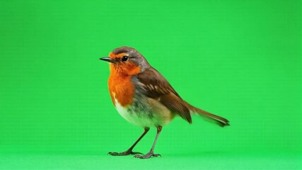 A european robin standing on a green surface in front of a green background studio shot view green screen animal video