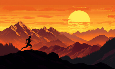 Fototapeta premium A silhouette of a person runs uphill against a vibrant orange and yellow sunset. Majestic mountains and dark trees frame the scene, depicting determination.