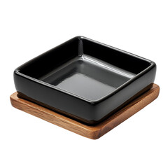 Black ceramic square dish on wooden coaster elegant serving piece