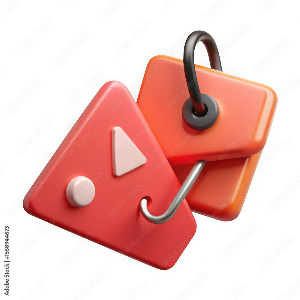 Fototapete 3d rendered red triangle and orange square icons with play button and hook isolated on transparent b