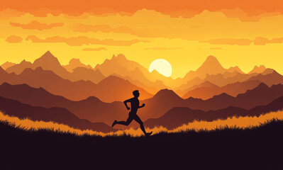 A silhouette of a person runs uphill against a vibrant orange and yellow sunset. Majestic mountains and dark trees frame the scene, depicting determination.