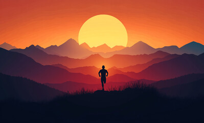 Fototapeta premium A silhouette of a person runs uphill against a vibrant orange and yellow sunset. Majestic mountains and dark trees frame the scene, depicting determination.