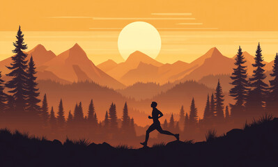Fototapeta premium A silhouette of a person runs uphill against a vibrant orange and yellow sunset. Majestic mountains and dark trees frame the scene, depicting determination.