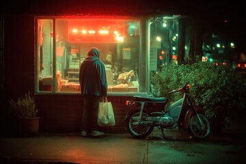 Obraz premium Hooded man receives takeout bag at glowing neon-lit city window