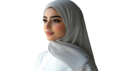 Portrait of a Young Woman in a Hijab with Soft Makeup and Elegant Expression Captured Against a Neutral Background for Fashion or Cultural Themes