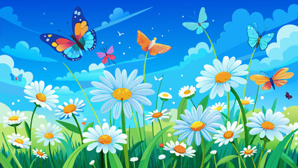 Vibrant Spring Meadow with Colorful Butterflies and Daisies