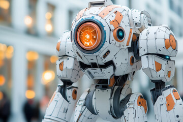 Fototapeta premium Clock-faced robot standing tall.