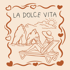 Summer Italy stamp girl on the coast beach. Frame with heart. Seaside weekend print for postcards, invitations,  posters, stamps or placards. La dolce Vita