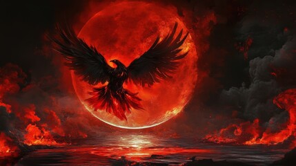 Crimson Phoenix and Blood Moon: A majestic phoenix, its wings ablaze with fiery hues, soars majestically before a colossal blood moon.