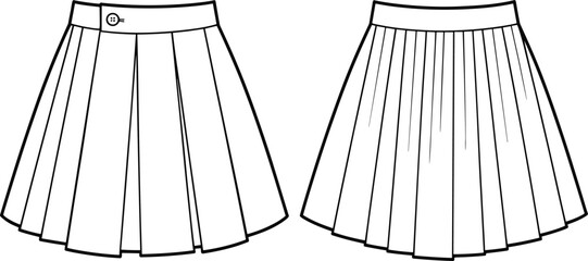 Stylish Pleated Mini Skirt Flat Sketch: Front and Back View, Fashion Design Technical Drawing, Apparel CAD Template for Women's Clothing