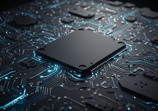 Close up view of a microchip on a circuit board with blue glowing lines. Technology concept for data processing and computing.