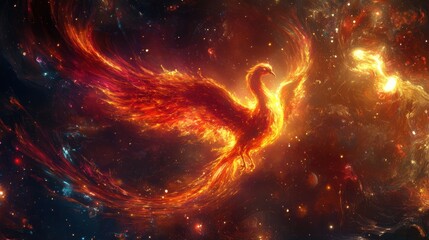 Fiery Phoenix in the Cosmos: A mythical phoenix, aflame with vibrant energy, soars through a star-studded galaxy, symbolizing rebirth and transformation.