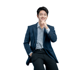  Asian professional with his hand on his chin, smiling as he listens or contemplates an idea. Cropped portrait on  PNG.