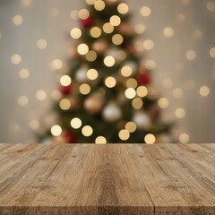     Rustic Wooden Table with Warm Natural Grain in Festive Christmas Background Featuring Bokeh Lights and Decorated Tree – Cozy Holiday Mockup Scene