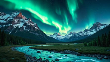 Spectacular aurora borealis over majestic snow-capped mountains and a serene river flowing through a lush green valley under a starry sky