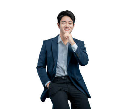 Asian professional with his hand on his chin, smiling as he listens or contemplates an idea. Cropped portrait on PNG.