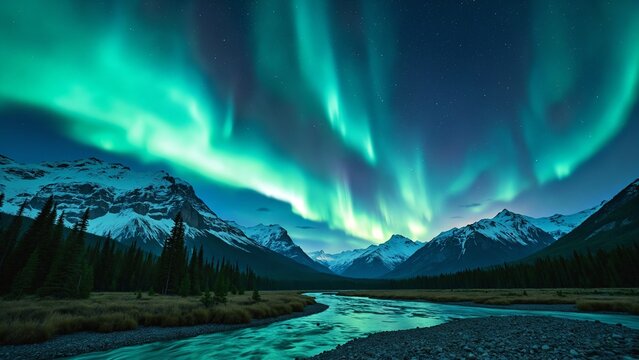 Spectacular aurora borealis over majestic snow-capped mountains and a serene river flowing through a lush green valley under a starry sky