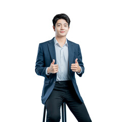 A cheerful young Asian professional gives two thumbs up, showing enthusiastic approval and positive...