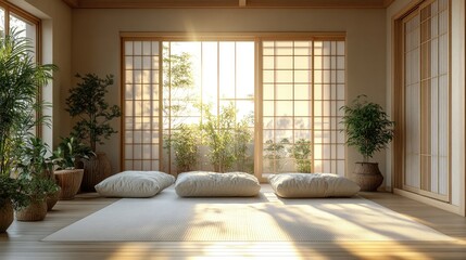 Fototapeta premium Zen-style interior of a Japanese house with light wood tones and sunbeams across a clean floor