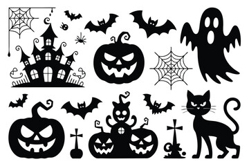 Black and White Halloween Silhouette Clipart Featuring Pumpkins, Bats, Haunted House, Ghost and Black Cat