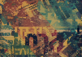 A vibrant, abstract collage of text and color, showcasing a chaotic composition of printed words and images.