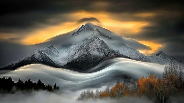 Majestic snow covered mountains enveloped by atmospheric cloud formations