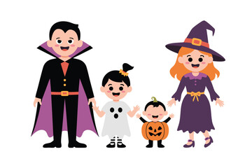 Cartoon Halloween Characters Vampire, Ghost, Witch, and Pumpkin in Costume on White Background