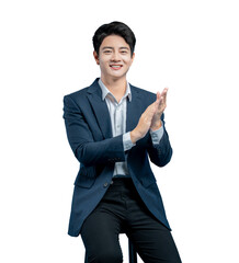 young Asian businessman in a suit is clapping his hands, showing appreciation, praise, or...