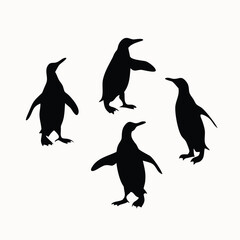 Collection of Four Black Penguin Silhouettes: Minimalist Antarctic Bird Shapes - Simple Vector Graphics - Wildlife Design Elements