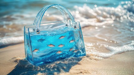 Transparent handbag on sandy beach, partially submerged, containing several small fish swimming in blue water