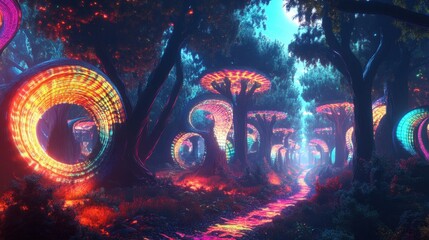 Enchanted Forest Illumination: A mesmerizing digital artwork showcases a vibrant forest transformed by luminescent, otherworldly flora and abstract, radiating structures.